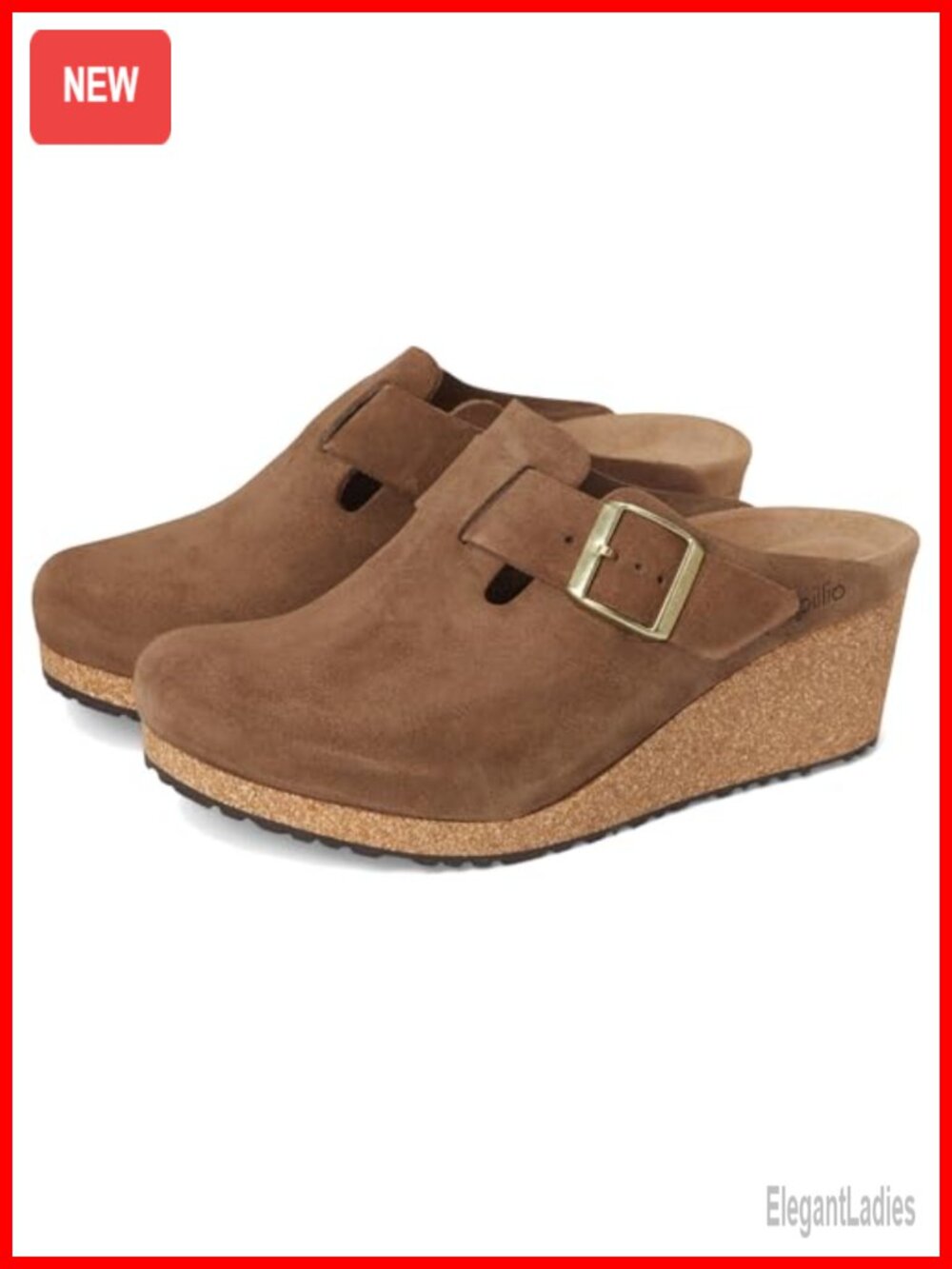 Suede Wedge Clog Slip-On with Buckle Closure & Cork Footbed